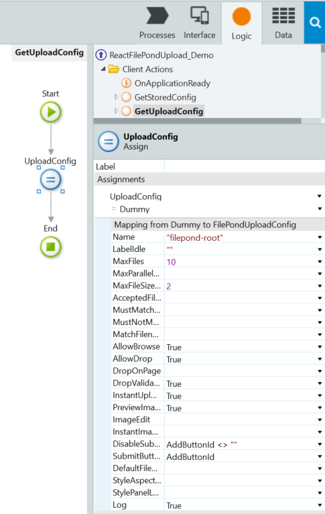 Filepond Examples GetUploadConfig action